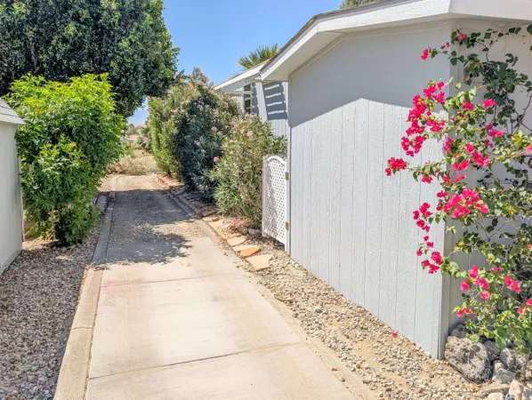 a view of a flower arrangement in front of a house