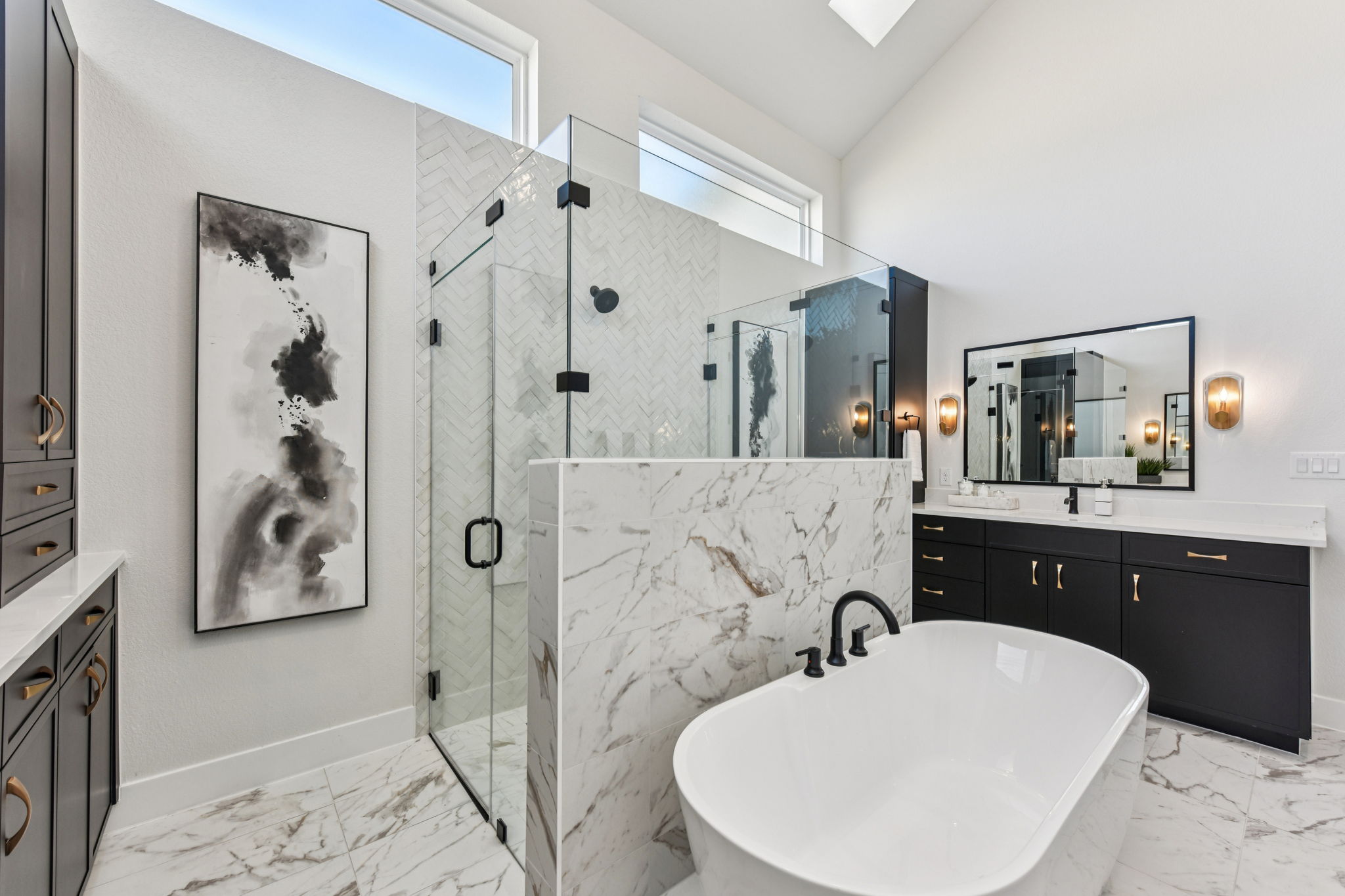 208 Winters Cove Georgetown, TX 78633 - Photo 25 of 37 a bathroom with a sink vanity granite tub shower and mirror