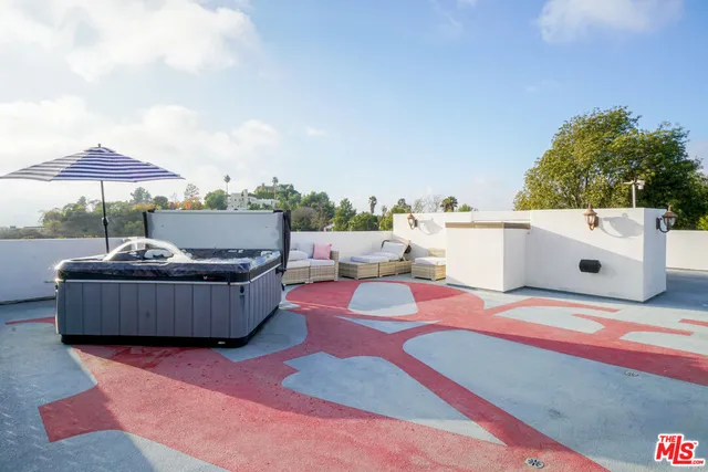 a swimming pool with seating space