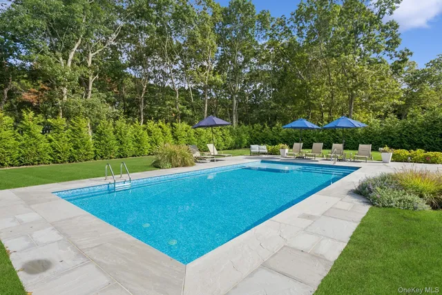 a view of a swimming pool with a bench and trees around