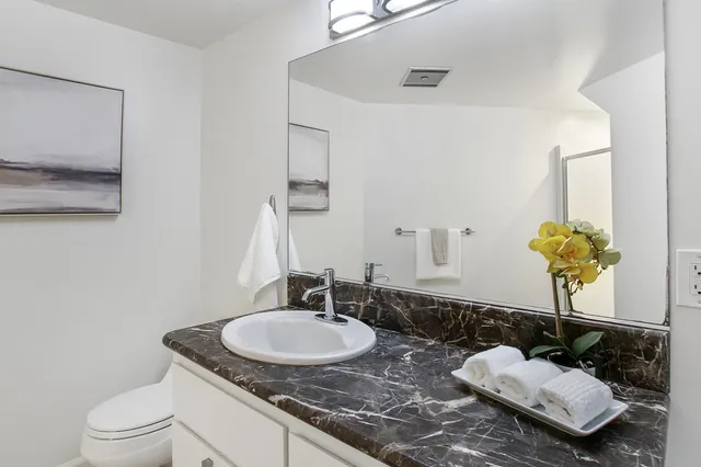 a bathroom with a granite countertop sink a toilet and a mirror