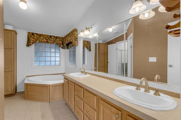 a bathroom with a sink double vanity and a bathtub