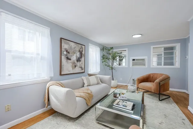 a living room with furniture rug and window