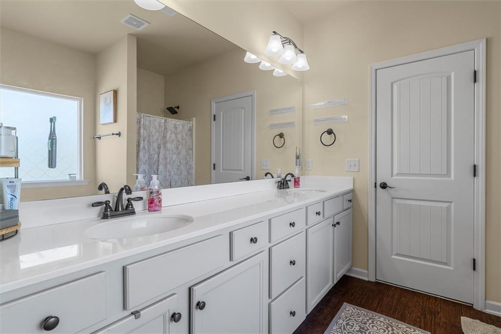 329 Rippling Drive Ball Ground, GA 30107 - Photo 28 of 43 a bathroom with a double vanity sink and a mirror