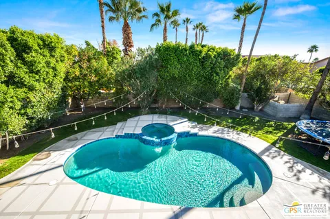 a view of a swimming pool with a yard and plants