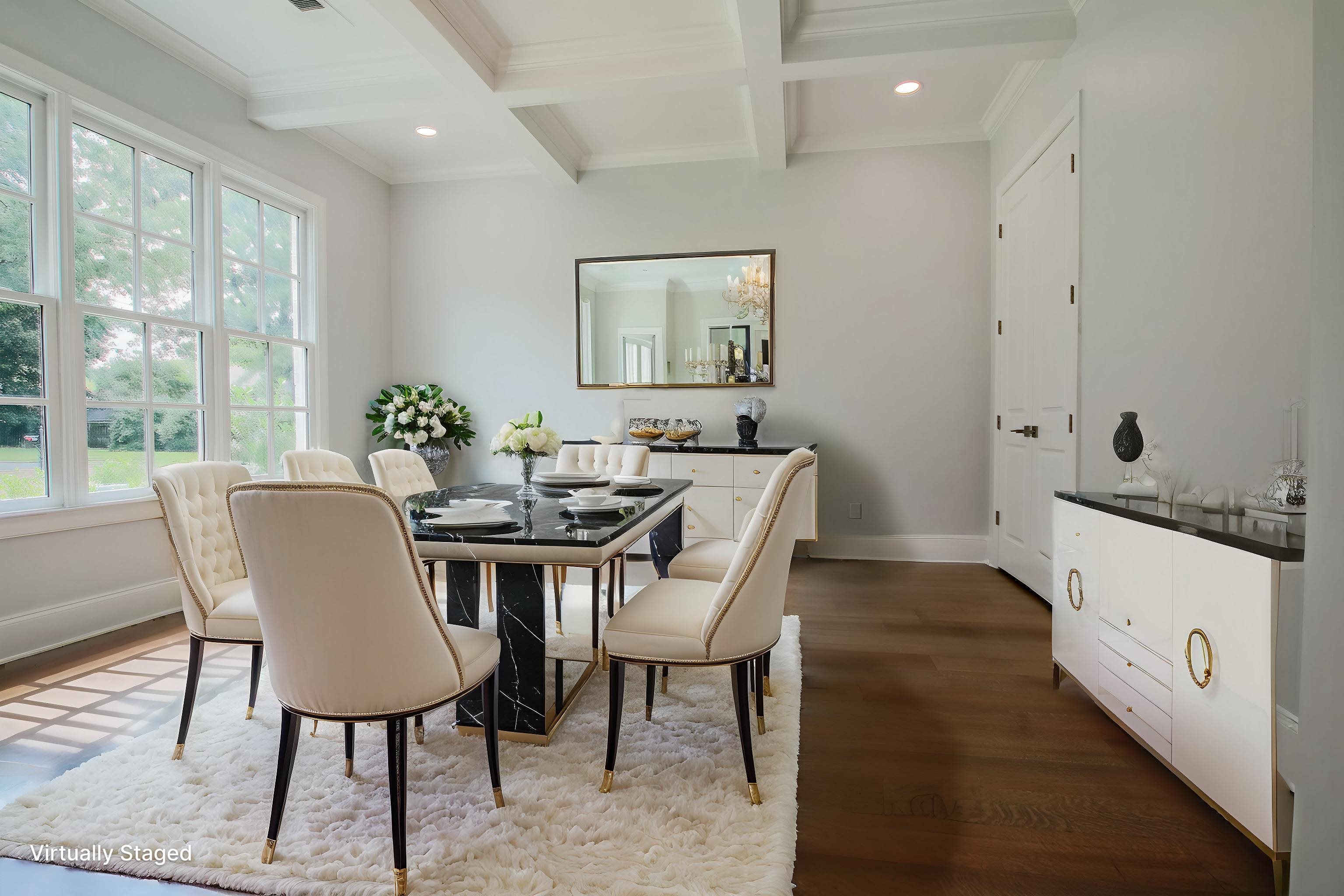 2611 Moore Road Germantown, TN 38138 - Photo 12 of 35 Dining space featuring beamed ceiling, wood finished floors, coffered ceiling, plenty of natural light, and ornamental molding
