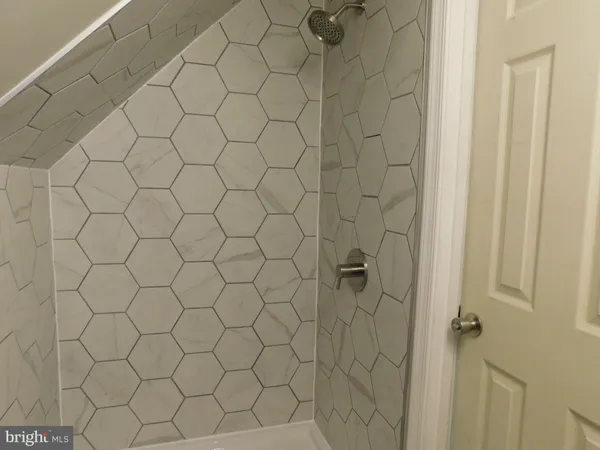 a bathroom with a white shower and a shower