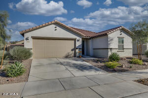 a view of a house with a yard and potted plants