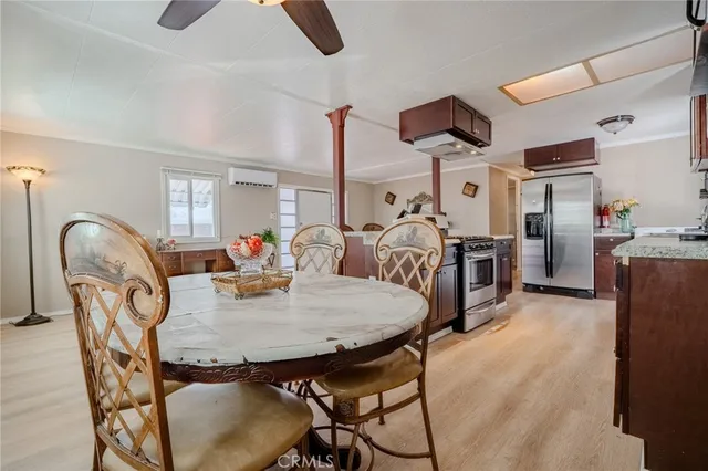 a view of a dining room with furniture