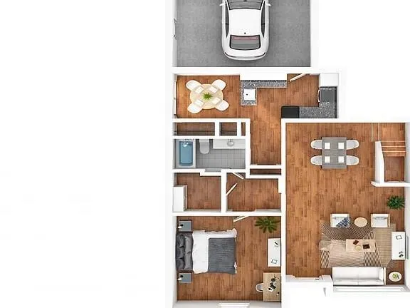 a view of a living room with a wooden floor