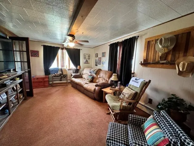 a living room with furniture a rug and a window