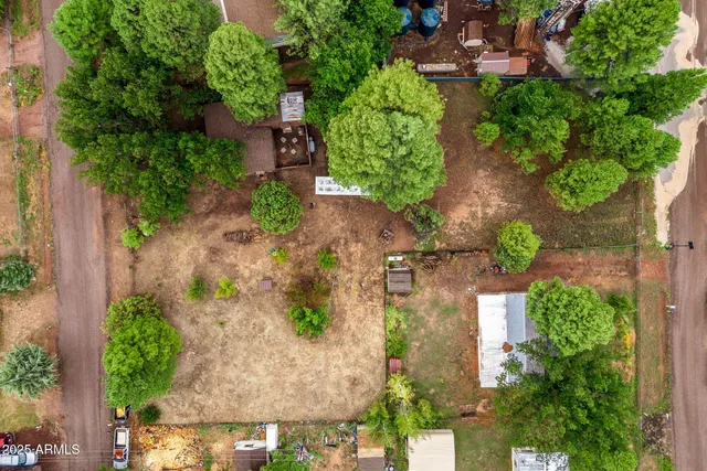 an aerial view of a house with a yard and a fountain
