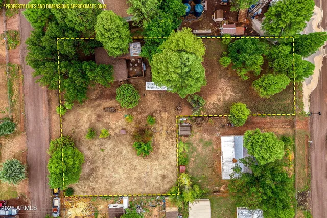 an aerial view of a house with a yard and garden