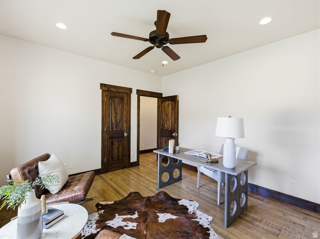 402 Shadow Hill Road Wanship, UT 84017 - Photo 30 of 90 Home office with light wood-style flooring, recessed lighting, and ceiling fan