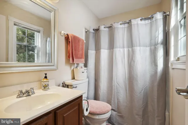a bathroom with a sink a toilet and a shower curtain