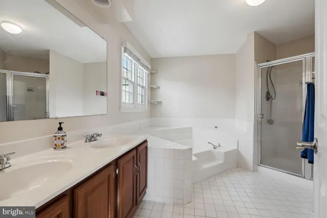 a bathroom with a tub sink and mirror