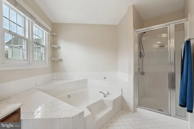 a bathroom with a bathtub and a shower