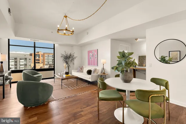 a view of a dining room with furniture
