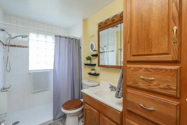 a bathroom with a sink a toilet and shower curtain