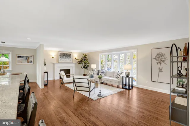 a dining room with furniture wooden floor a rug and a painting