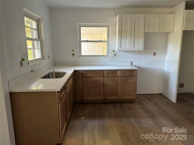 a kitchen with a sink and cabinets