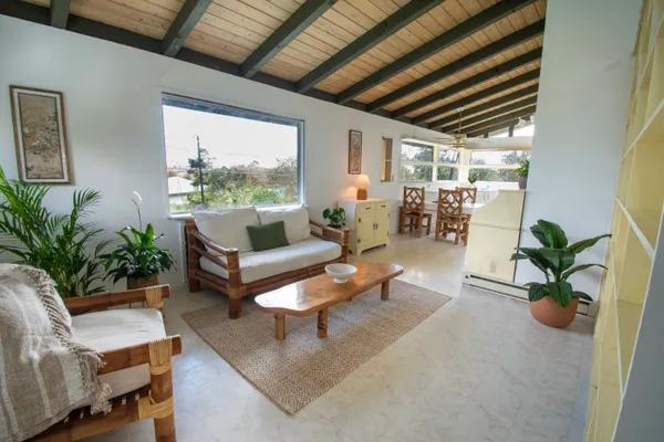 a living room with patio furniture and a potted plant