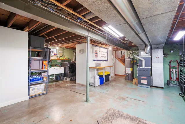 a view of a garage with table and chairs
