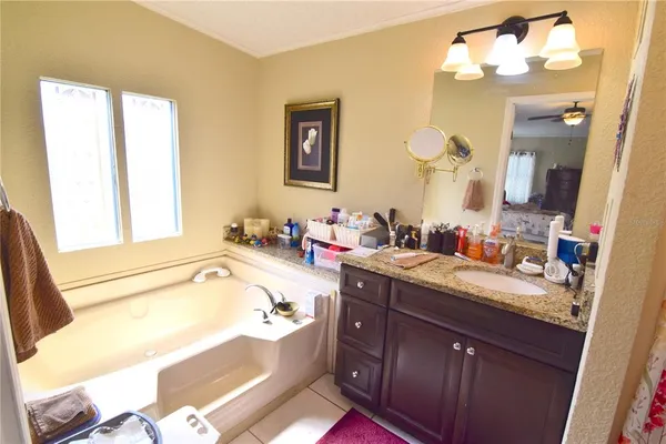 a bathroom with a tub sink and mirror
