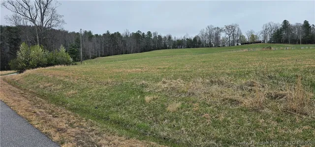 a view of grassy field with trees in background