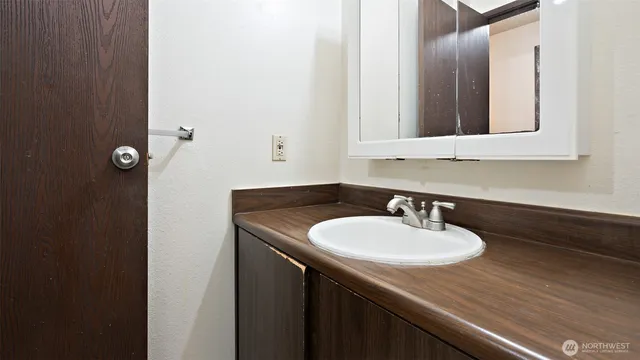 a bathroom with a sink and a mirror