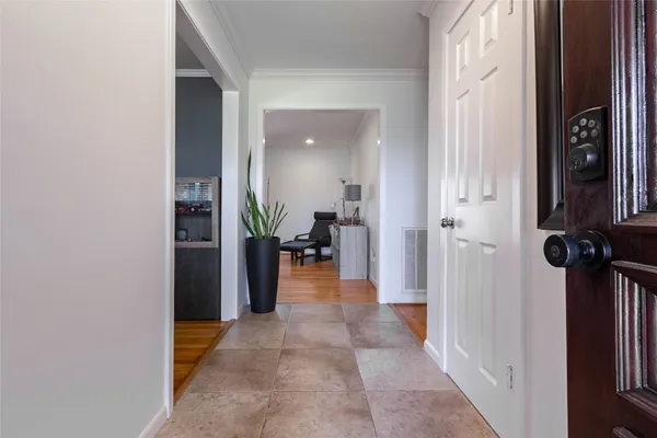 a hallway with windows and a potted plant