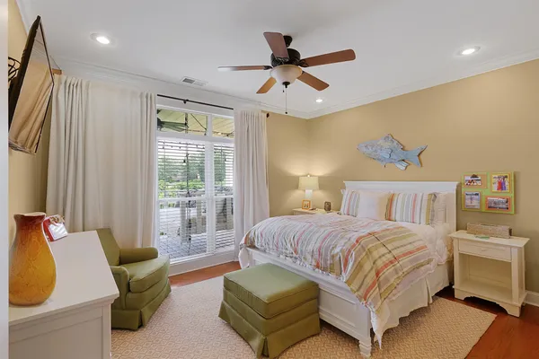 a bedroom with a bed and furniture