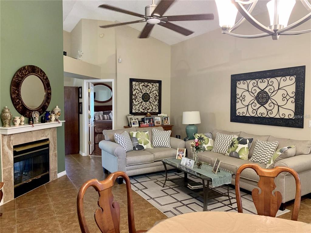 8553 Manassas Road Tampa, FL 33635 - Photo 9 of 33 a living room with furniture a fireplace and a ceiling fan