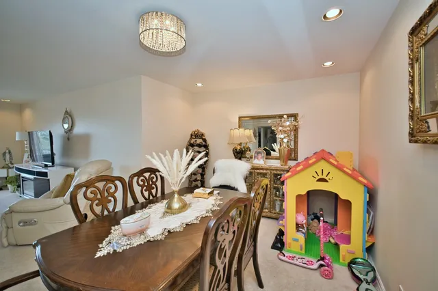 a view of a dining room with furniture