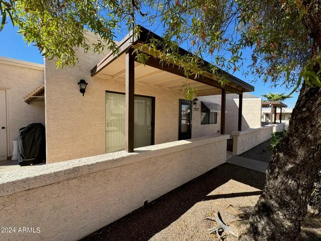 a view of a house with a large tree