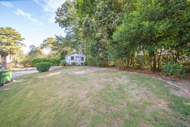 a view of a field with large trees