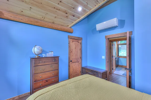 a backyard of a house with plants and large trees