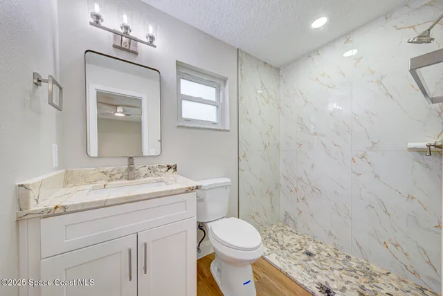 a bathroom with a toilet sink vanity and mirror