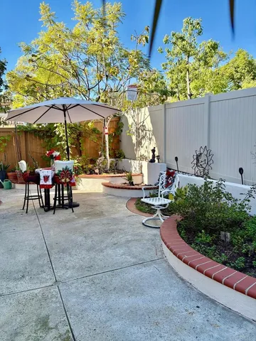 an outdoor space with furniture
