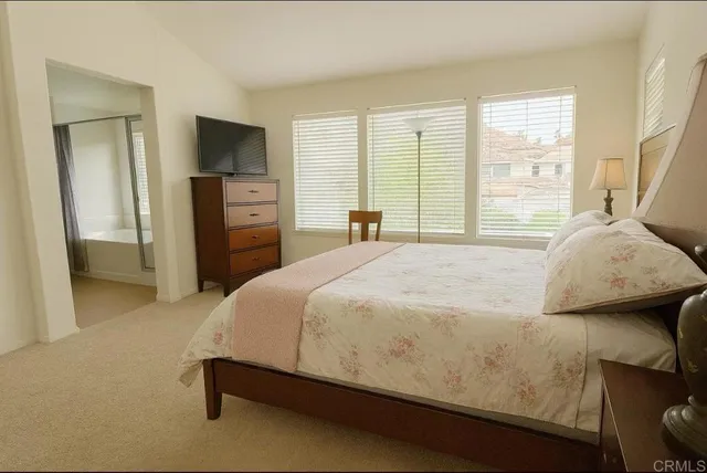 a bedroom with a bed and a television