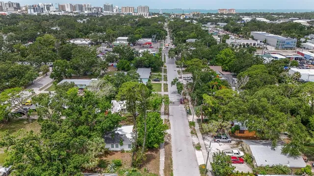 an aerial view of residential houses with outdoor space and trees
