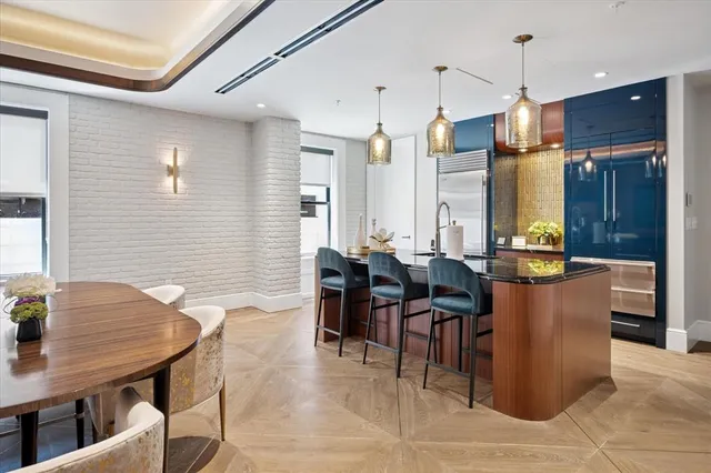 a view of a dining room with furniture