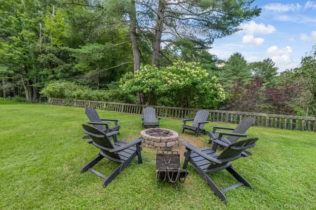 a backyard of a house with table and chairs
