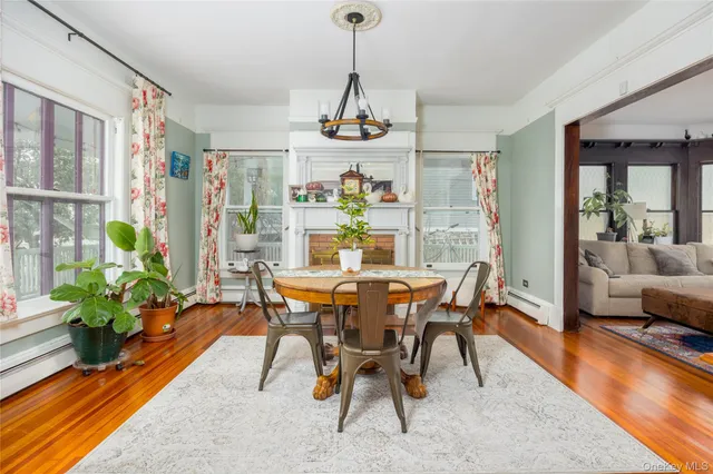 a dining room with furniture potted plants and wooden floor