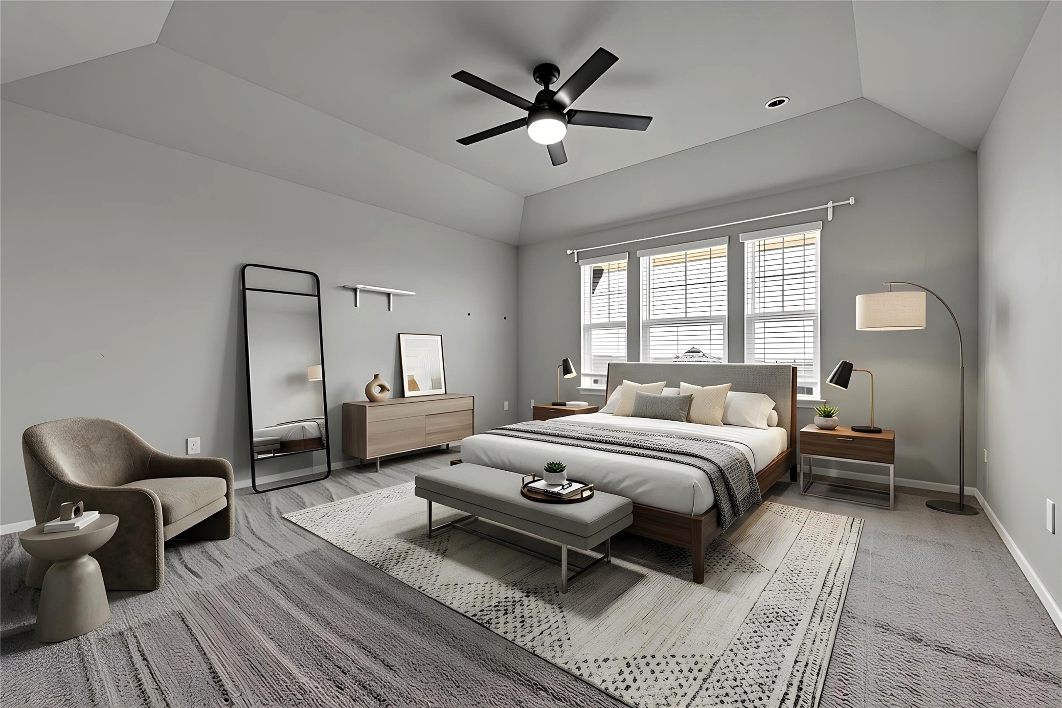 101 Crescent Street Georgetown, TX 78626 - Photo 17 of 39 Virtually staged - Primary bedroom with recessed lighting and high ceilings.
