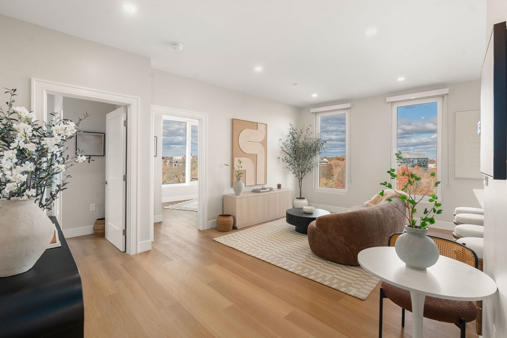 a living room with furniture and a potted plant