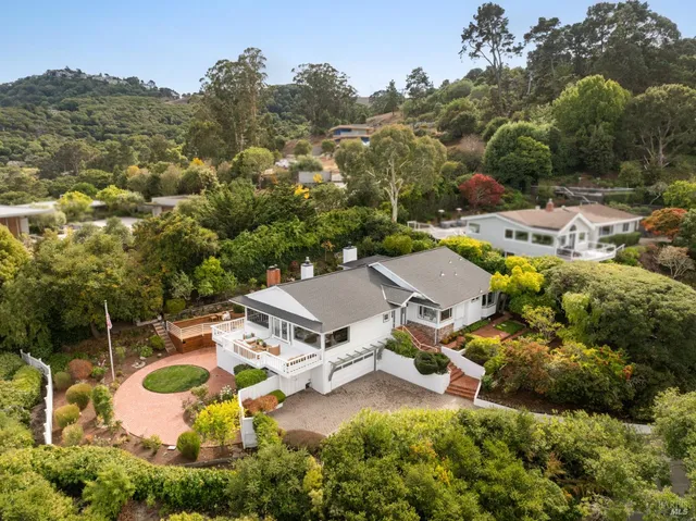 an aerial view of a house with a garden