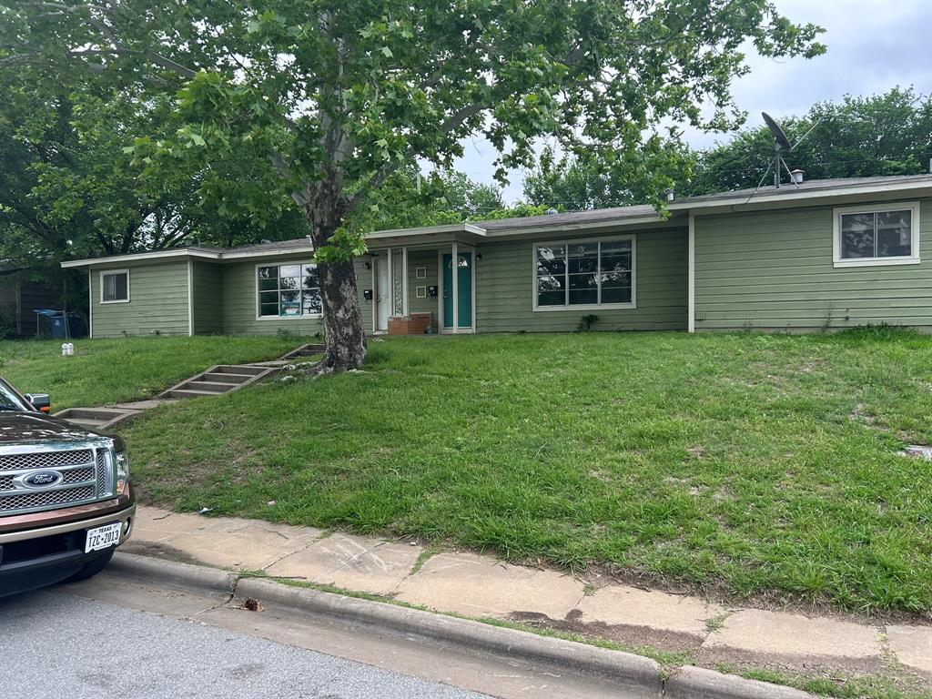 a view of a house with a yard and a large tree