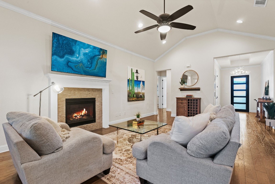 a living room with furniture a fireplace and a ceiling fan