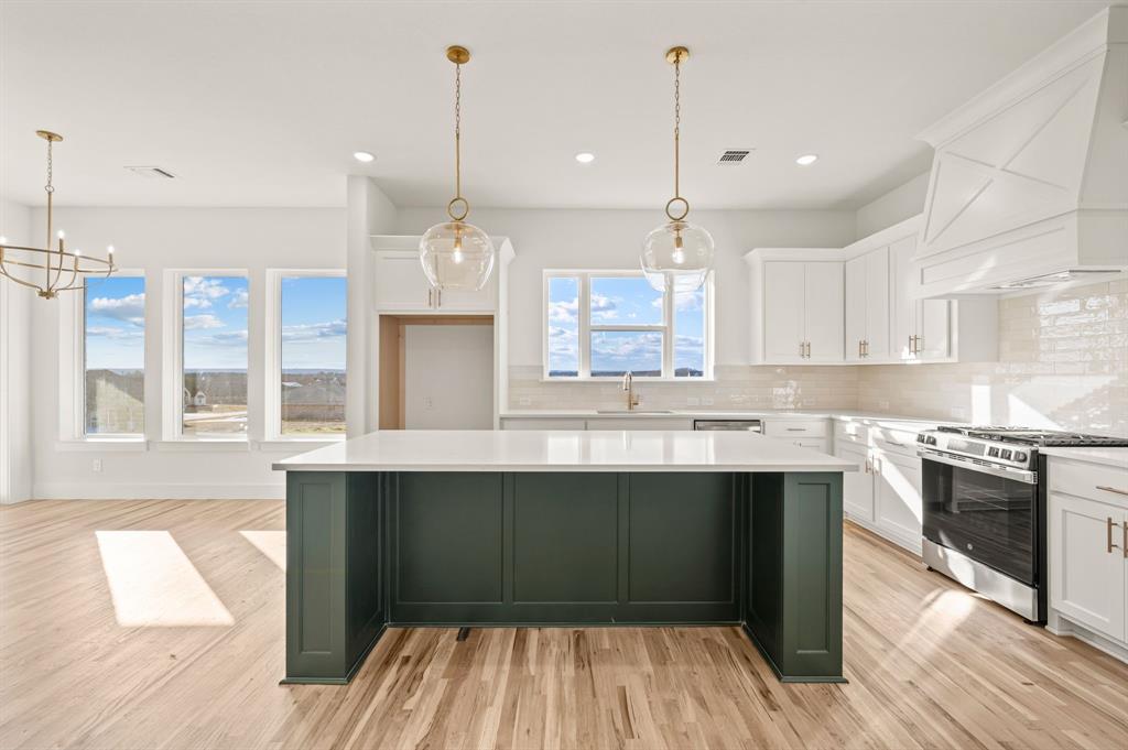412 Caprock Lane Azle, TX 76020 - Photo 18 of 40 a kitchen with stainless steel appliances granite countertop a sink a stove and a wooden floors